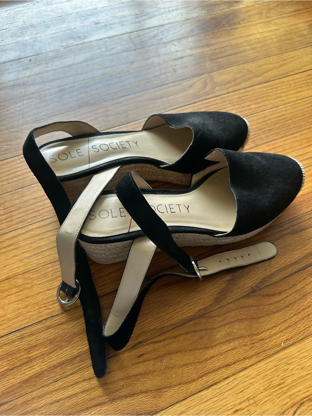 Sole Society Black Suede Espadrille Wedge Sandals Jute Heel Size 8.5M